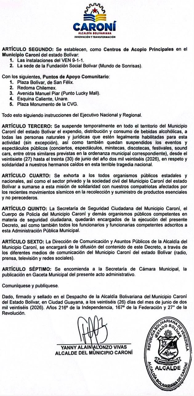 Alcalde de Caroní decreta ley seca y mantiene activo centros de acopio tras sismos en el país